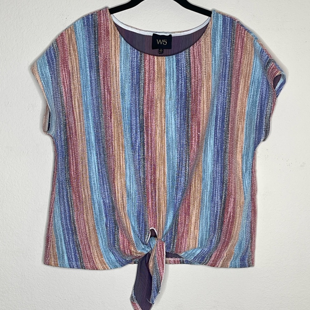 W5 Womens Top Size L Rainbow Striped Tie Waist Ruffle Sleeve Blouse Boho Beachy